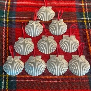 Lot of 10 Silver Shell Ornaments with Red Velvet Ribbon
